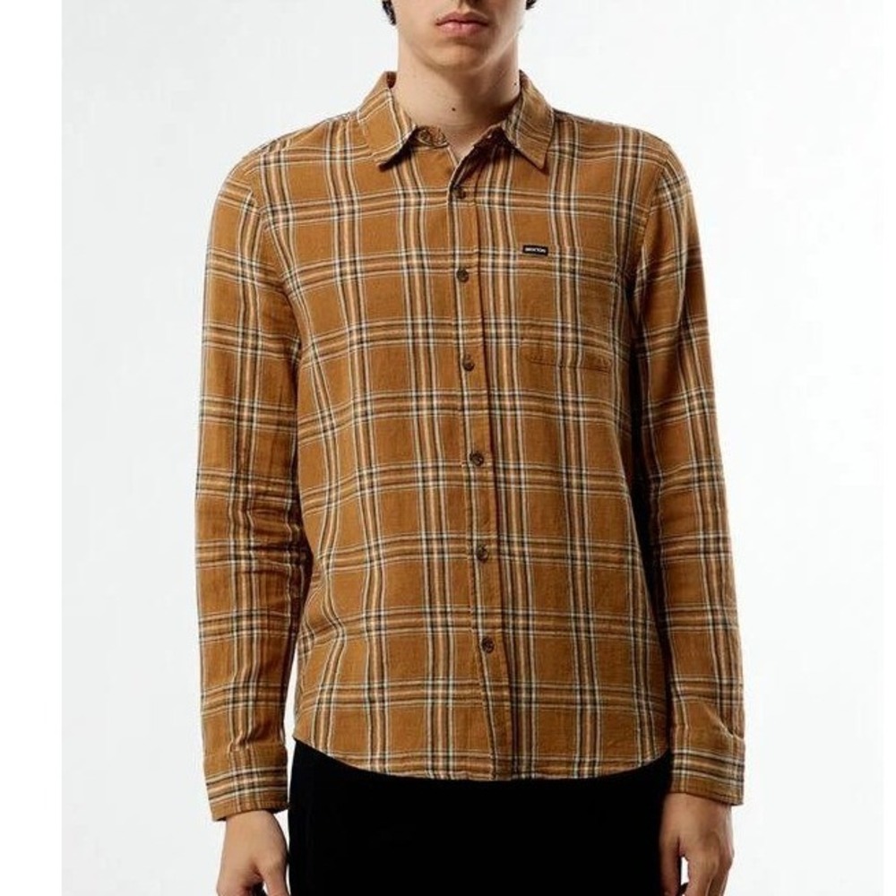 Brixton Charter Mens Mustard Brown Plaid Linen Blend Button Down Shirt Size M‎